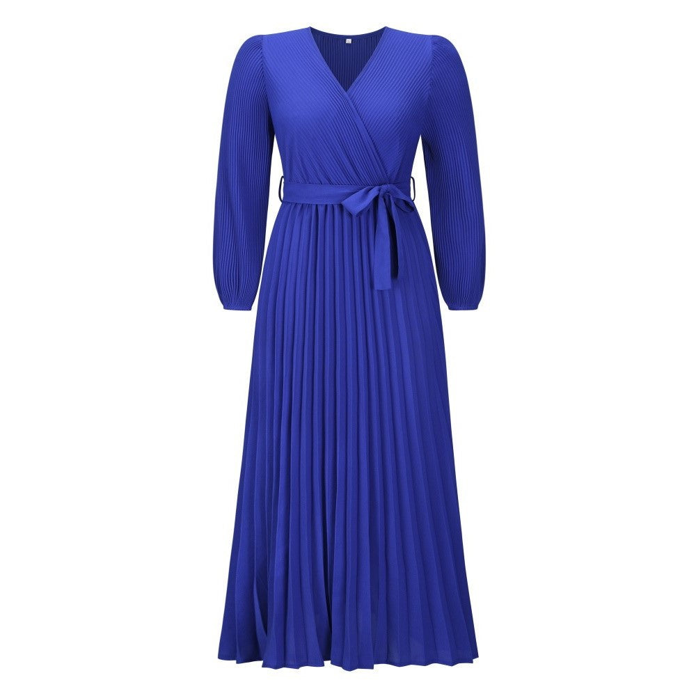V neck Long Sleeve Pleated A line Mid Length Dress