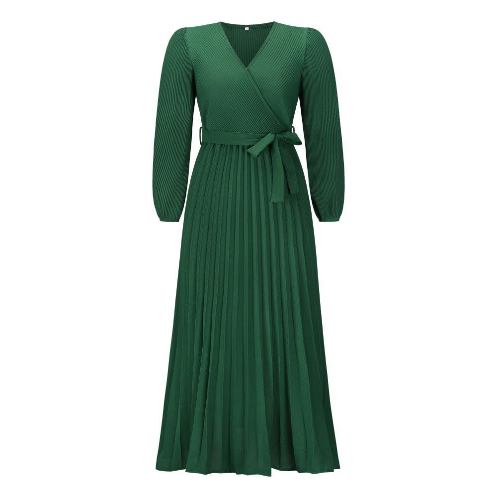 V neck Long Sleeve Pleated A line Mid Length Dress