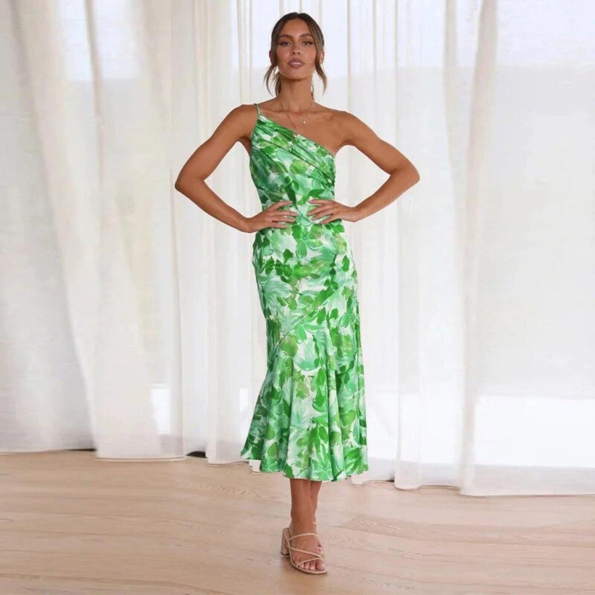 Floral Print One Shoulder Ruched Satin Mermaid Midi Dress