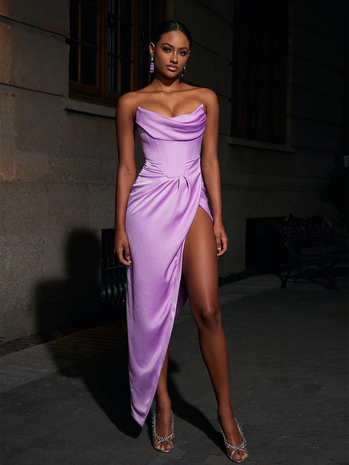 Avila Strapless Satin Maxi Dress In Violet 3