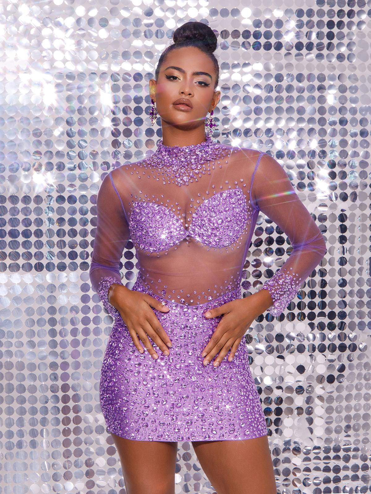 Azami Mesh Crystal Mini Dress In Purple 2