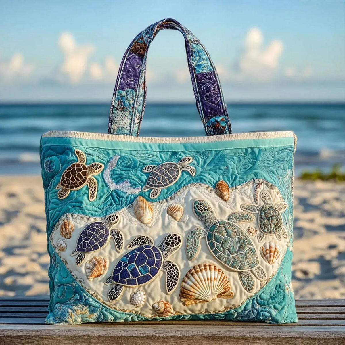 Sea Turtle and Shell Quilted Tote Bag