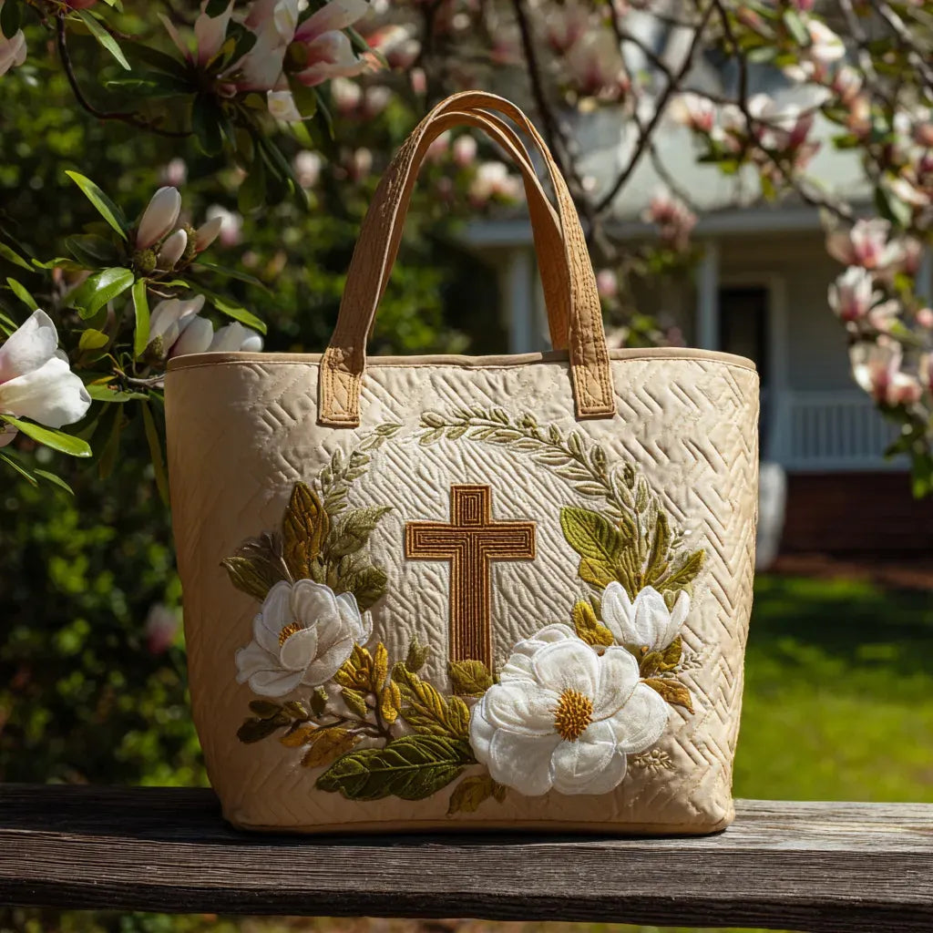 Quilted Cross and Magnolia Print Tote Bag