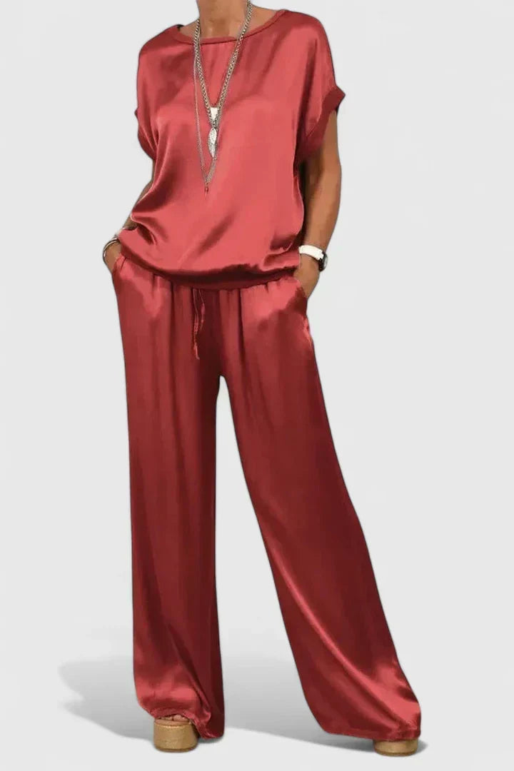 Satin Short Sleeve Top and Wide Leg Pants Two Piece Set