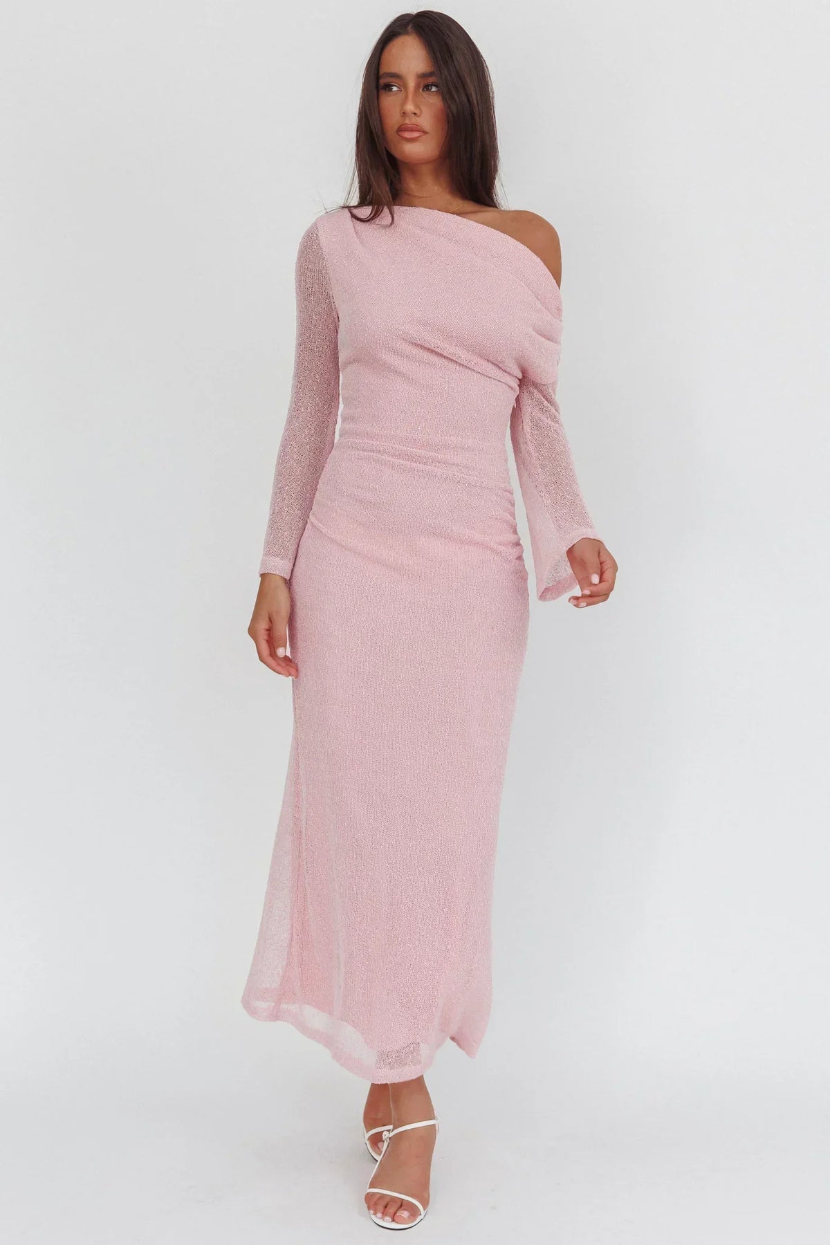 Sheer Knit Off Shoulder Long Sleeve Ruched Side Maxi Dress 5