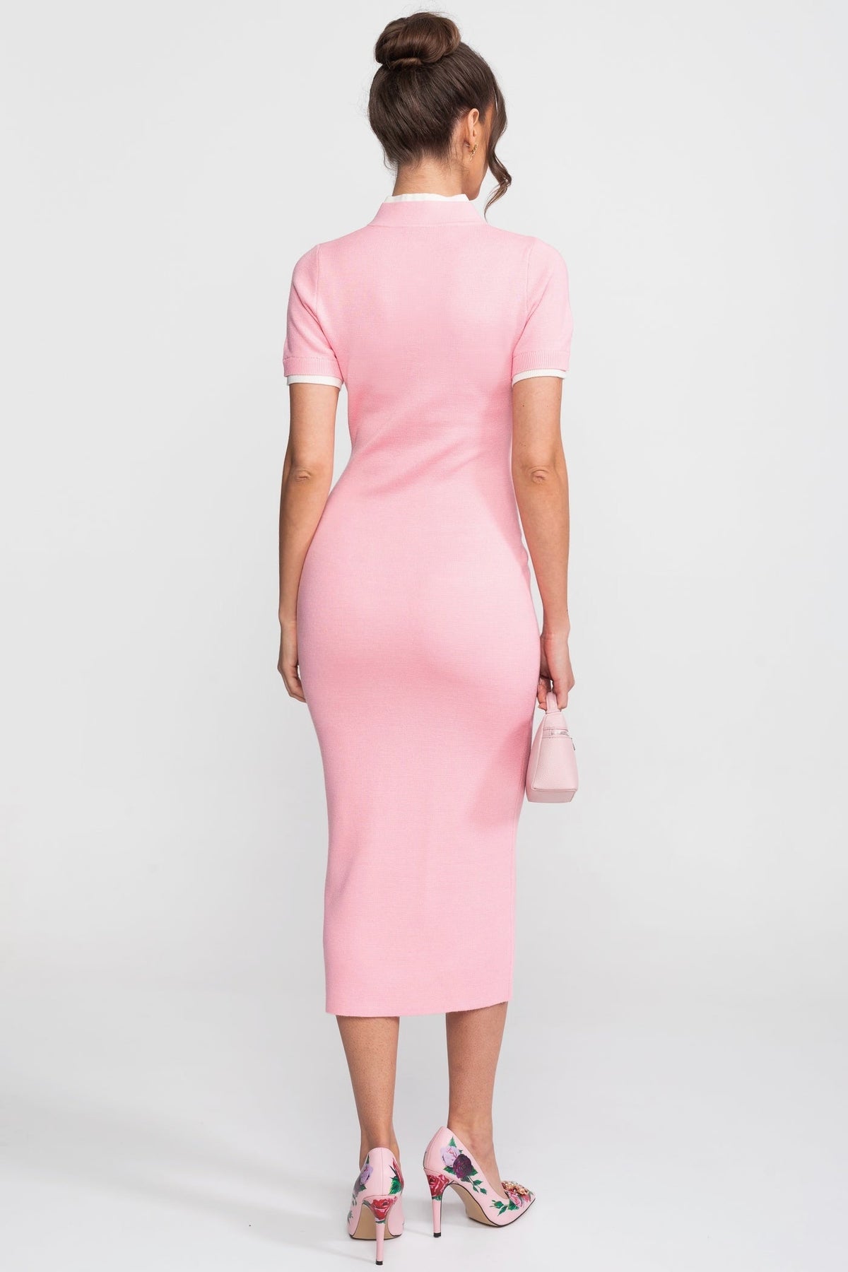Short Sleeve Button Front Contrast Trim Flower Applique Knit Bodycon Midi Dress 9