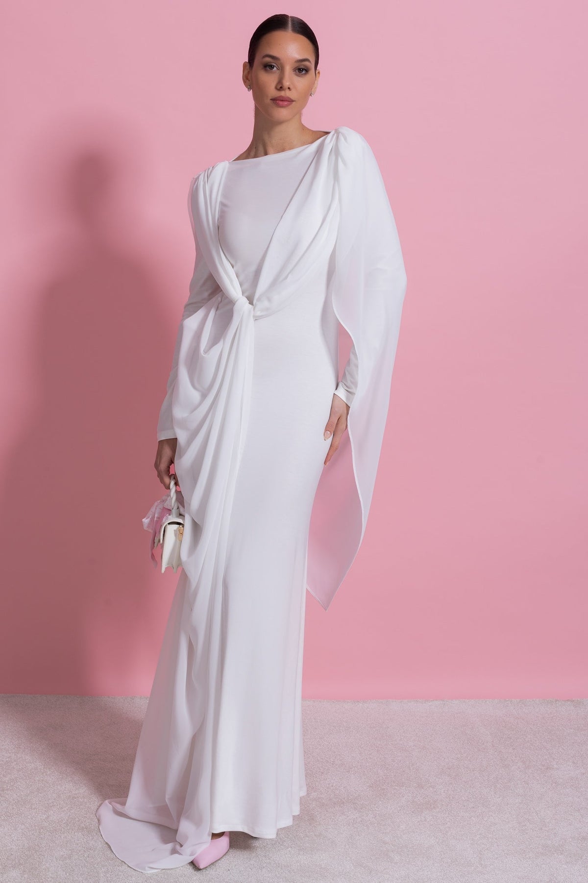 Boat Neck Long Sleeve Draped Knot Front Sash Maxi Dress 3