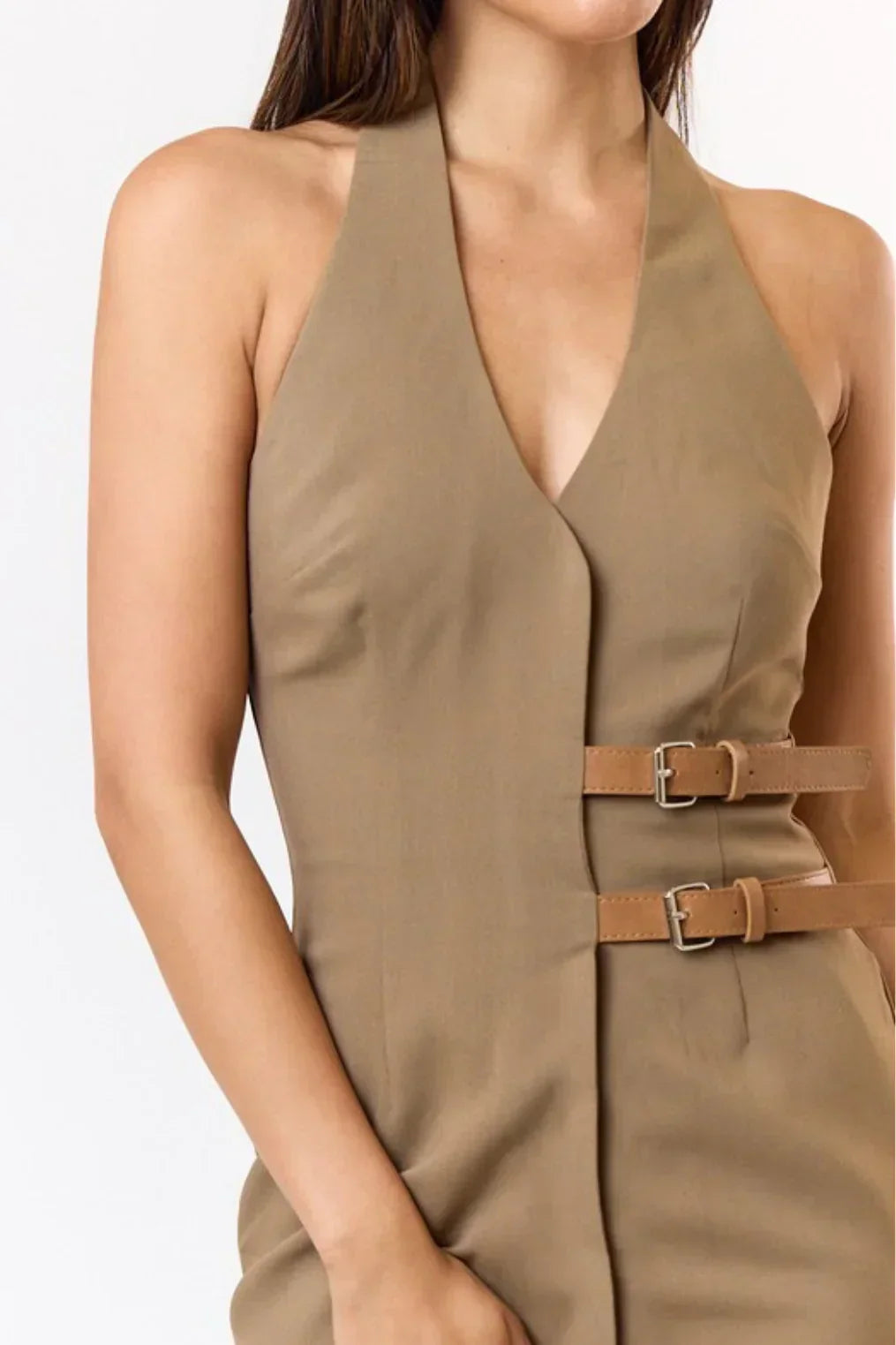 Halter V-Neck Double Buckle Strap Bodycon Mini Dress 3