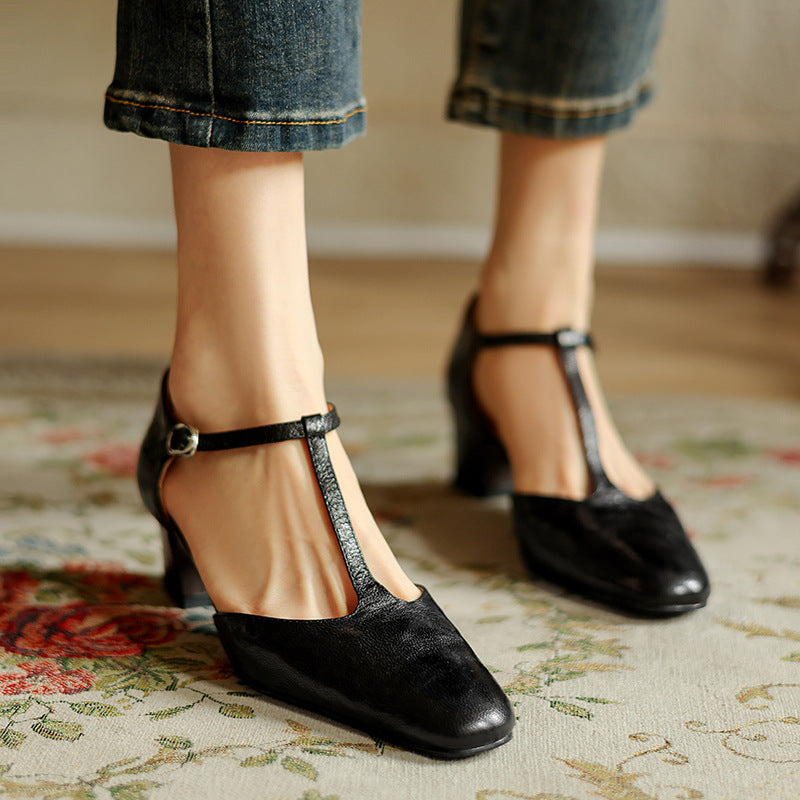 Square Toe T-Strap Block Heel Pumps