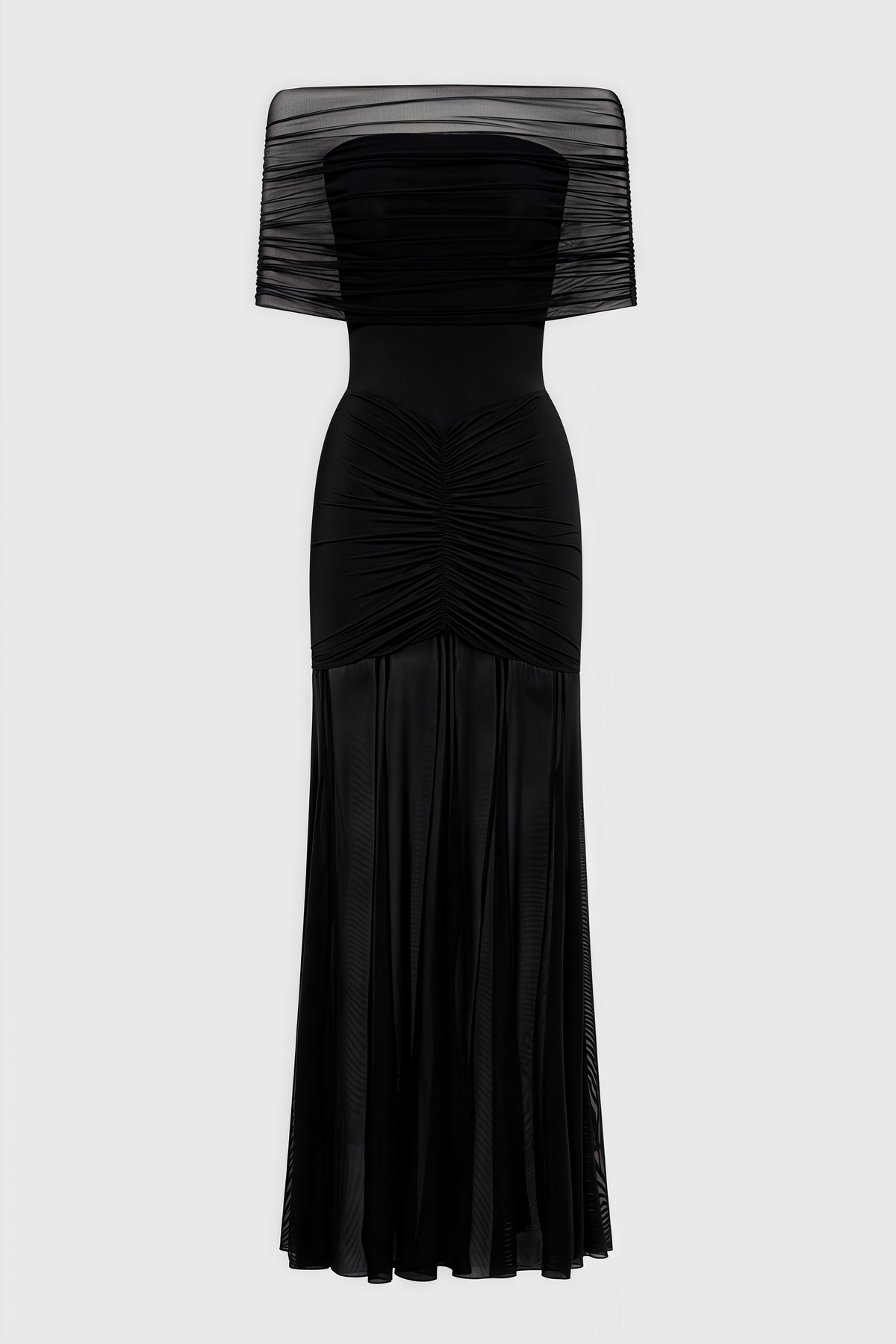 Off Shoulder Ruched Mesh Overlay Sheer Hem Maxi Dress 6