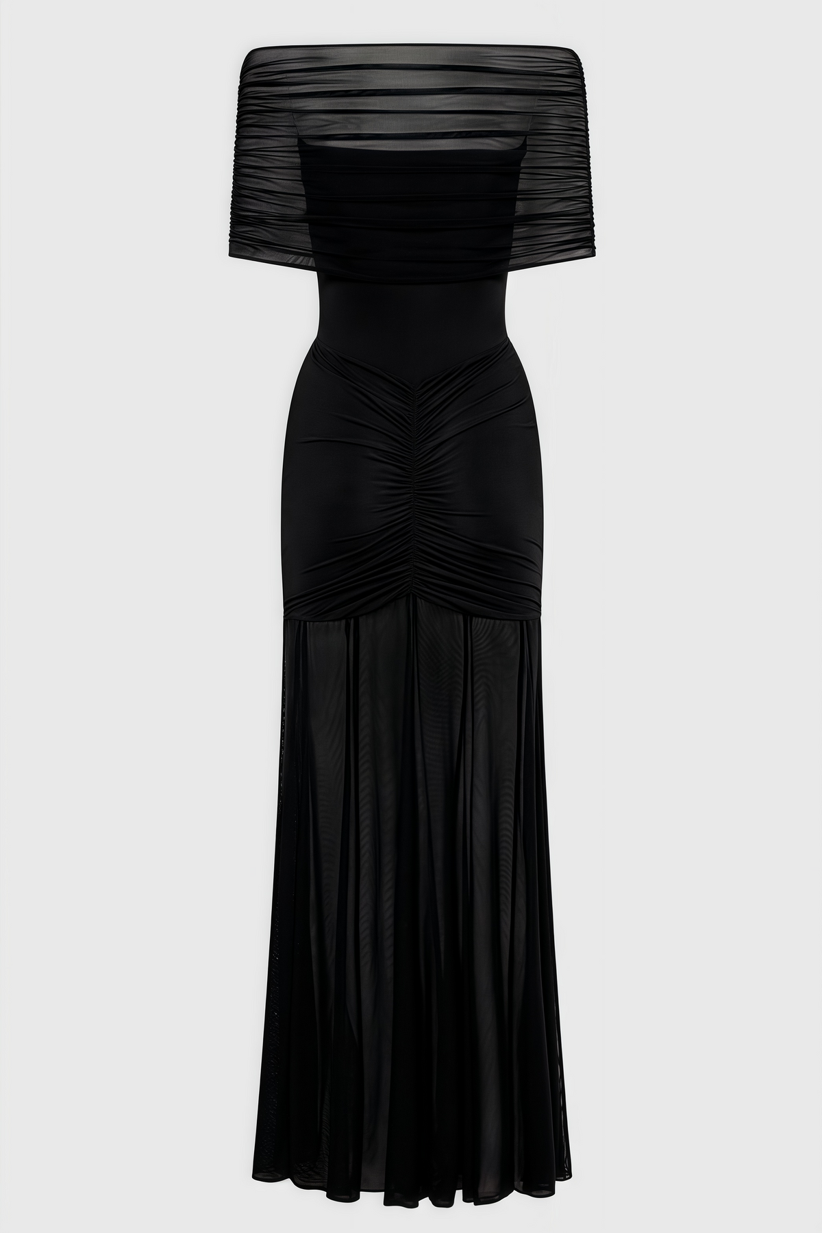 Off Shoulder Ruched Mesh Overlay Sheer Hem Maxi Dress 7