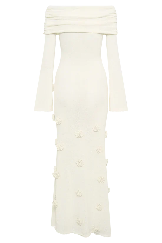 Off Shoulder Long Sleeve Knit Rosette Applique Maxi Dress 10