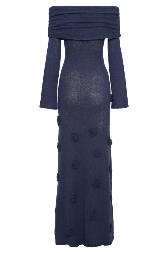 Off Shoulder Long Sleeve Knit Rosette Applique Maxi Dress 16