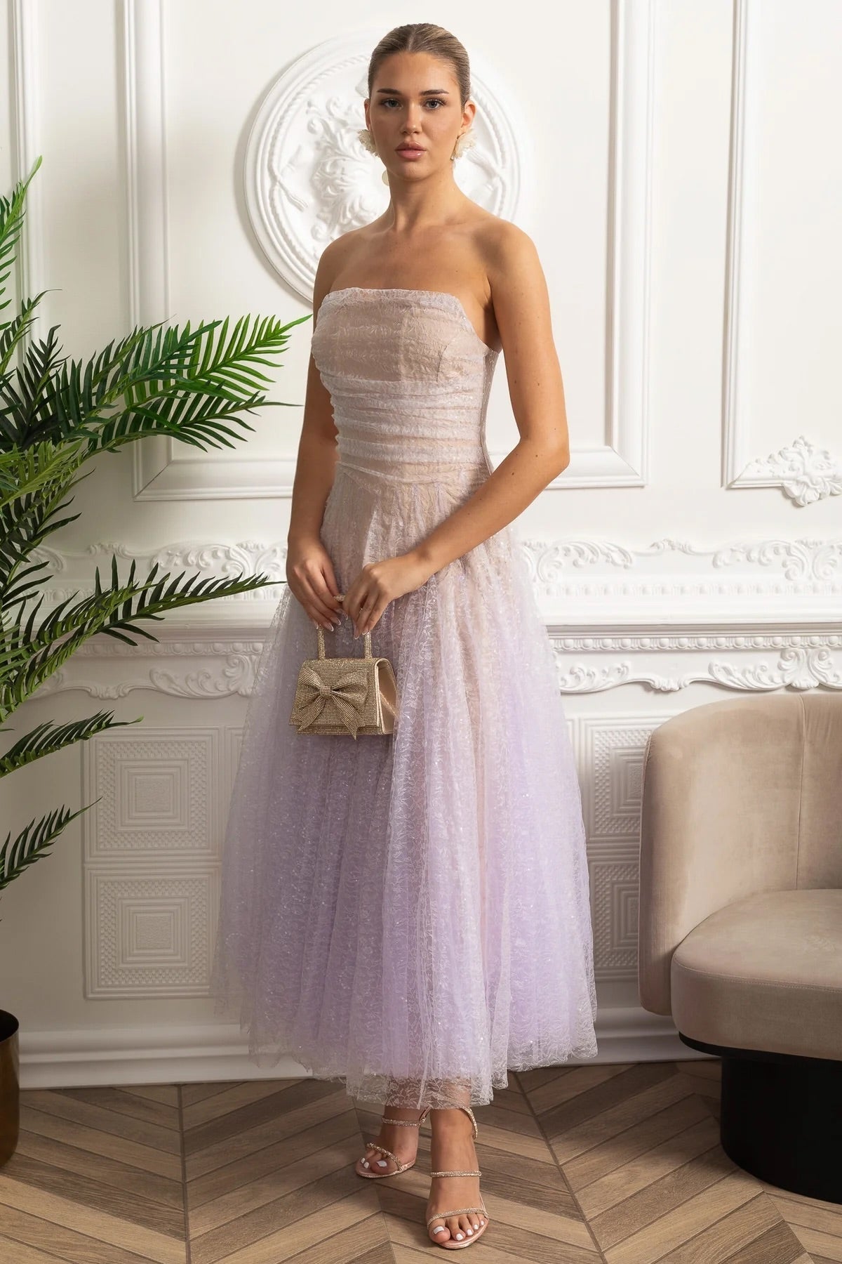 Strapless Ombre Lace Tulle A-Line Midi Dress 4
