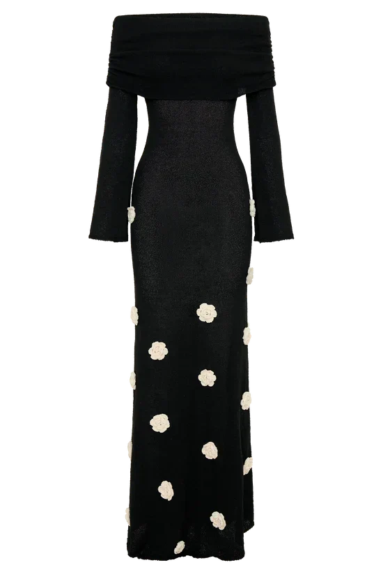 Off Shoulder Long Sleeve Knit Rosette Applique Maxi Dress 24