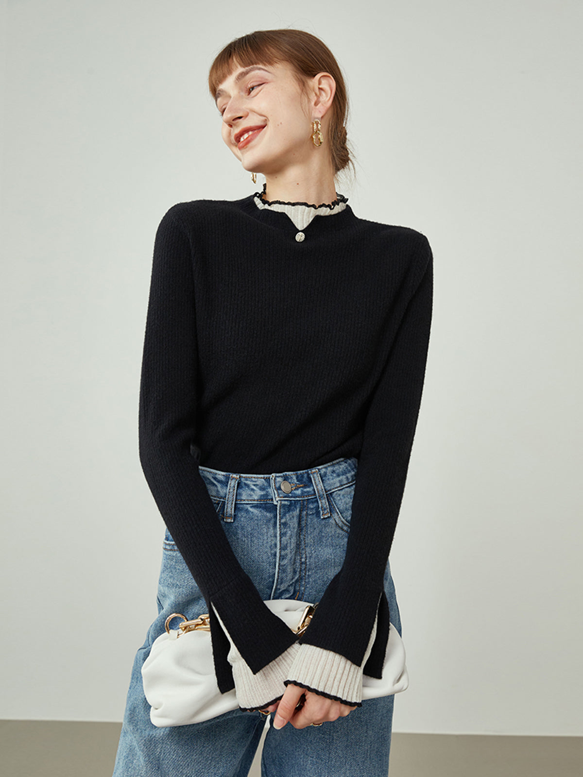 Contrast Lettuce Trim Mock Neck Long Sleeve Ribbed Knit Sweater 3