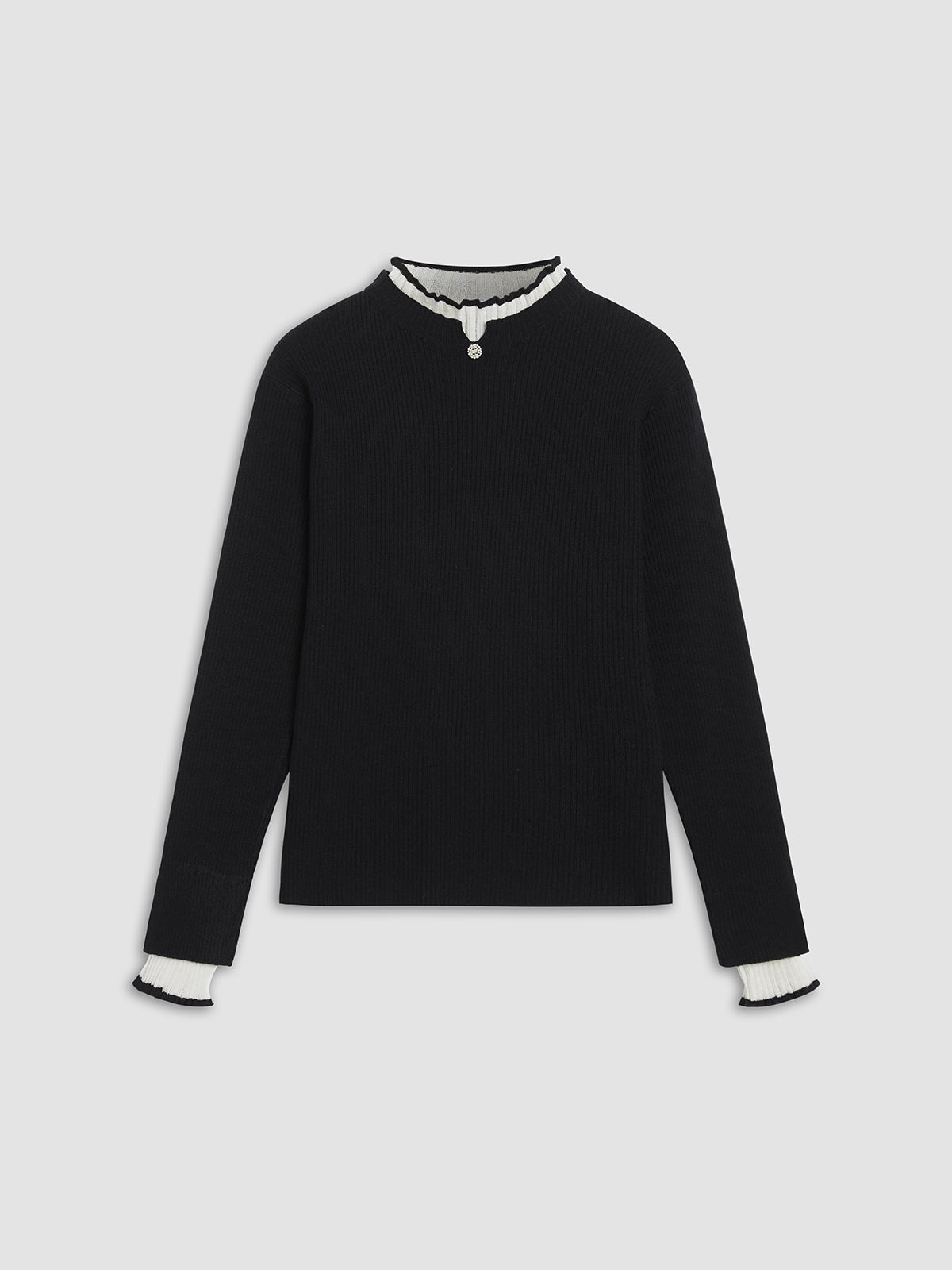 Contrast Lettuce Trim Mock Neck Long Sleeve Ribbed Knit Sweater 5