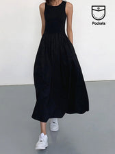 Crew Neck Sleeveless Pocket A-Line Maxi Dress