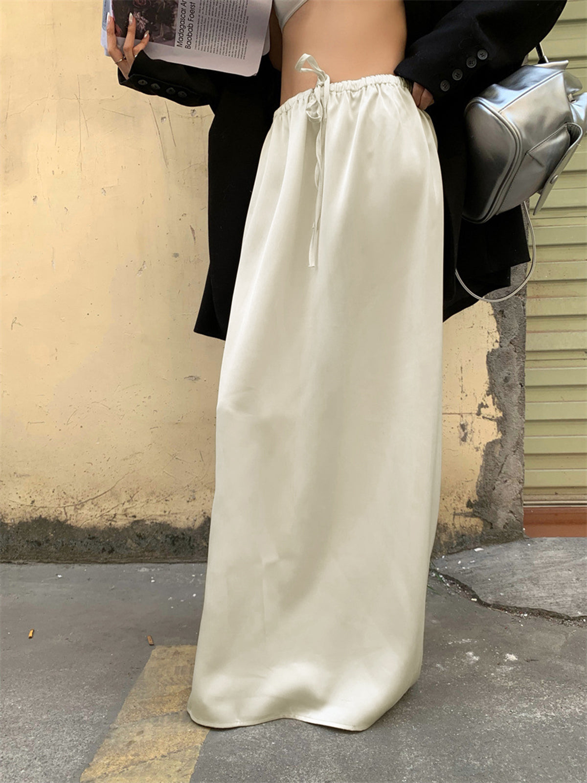 Drawstring Low Waist Satin Column Maxi Skirt 2