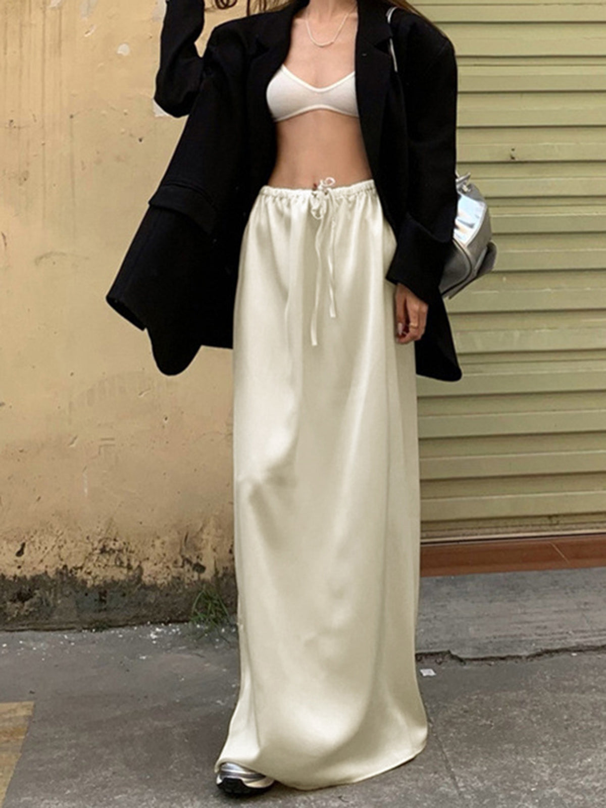 Drawstring Low Waist Satin Column Maxi Skirt 3