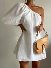 One Shoulder Puff Sleeve A-Line Mini Dress