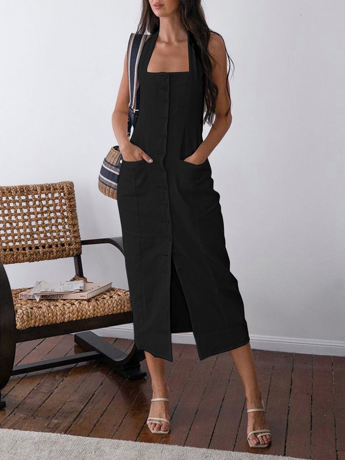 Square Neck Halter Strap Button Front Slit Midi Dress