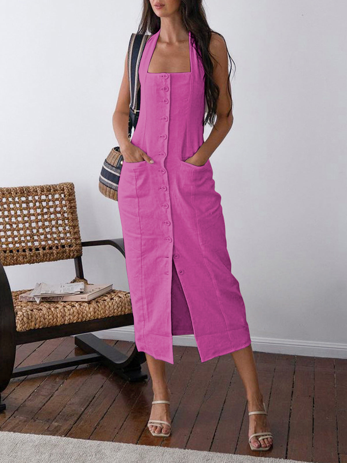 Square Neck Halter Strap Button Front Slit Midi Dress