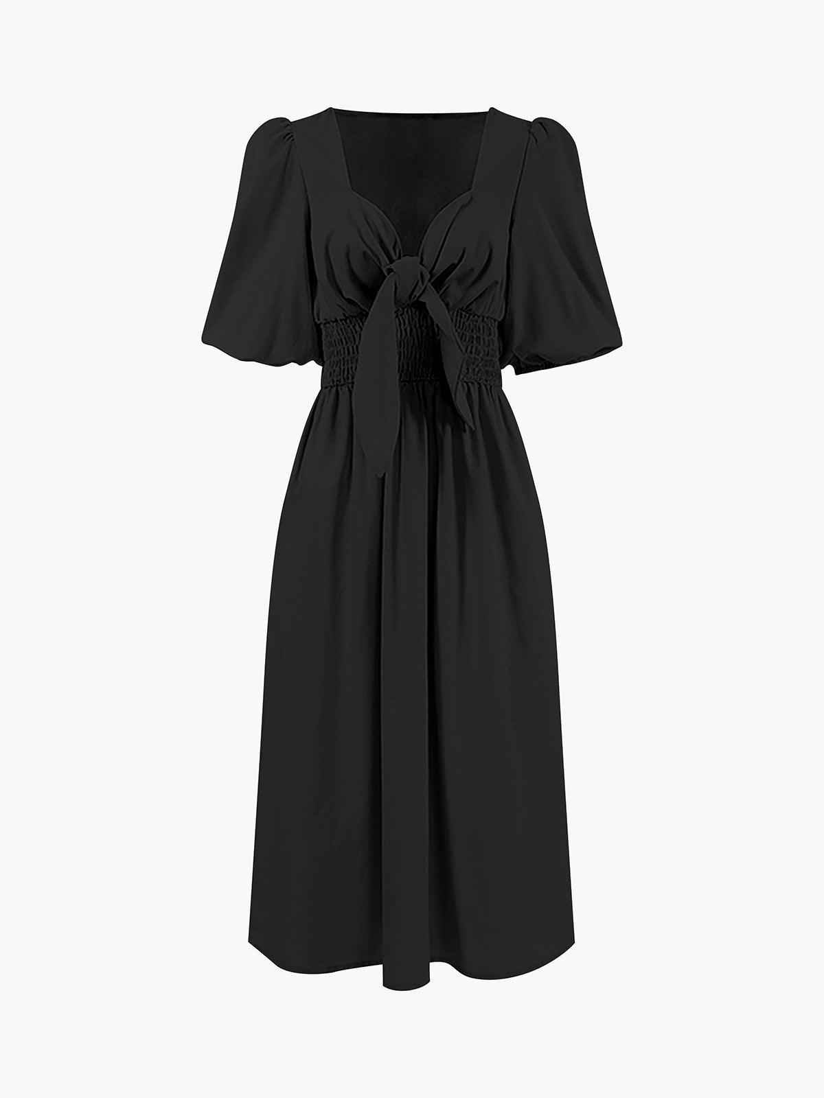 Linen Cotton Front Tie Midi Dress Black