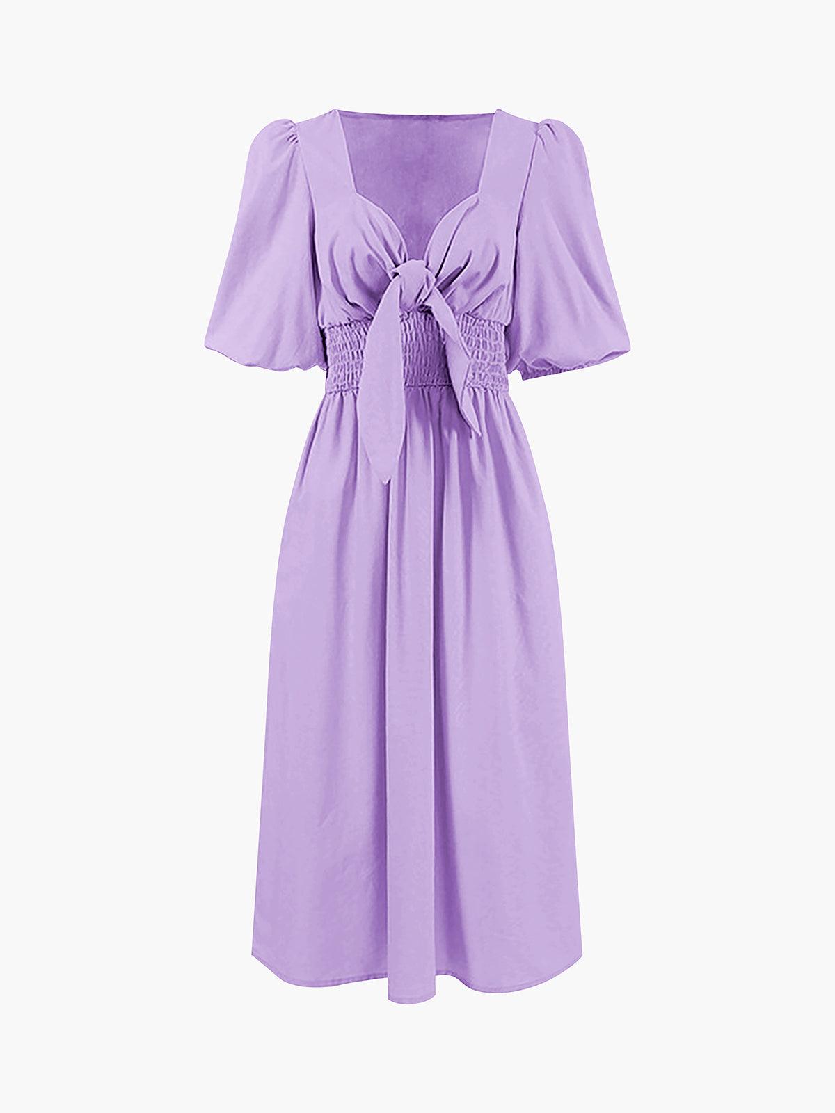 Linen Cotton Front Tie Midi Dress Purple