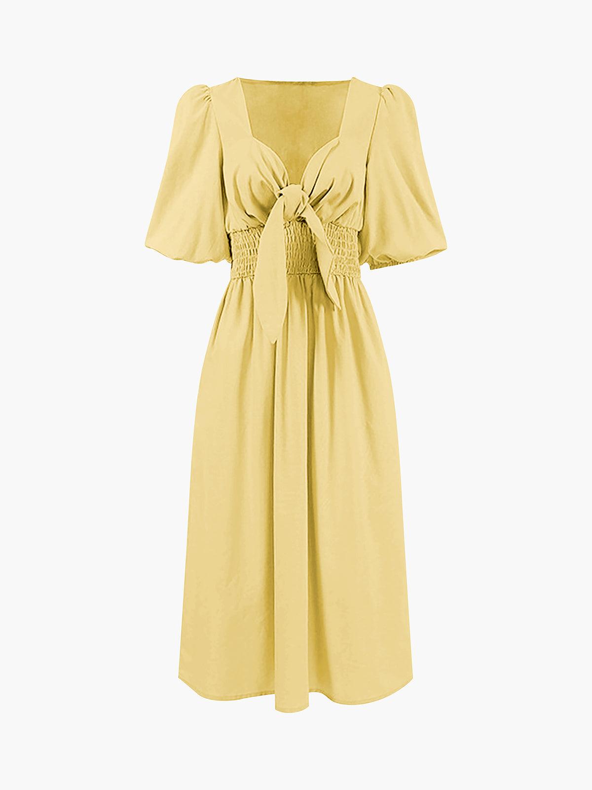 Linen Cotton Front Tie Midi Dress Yellow