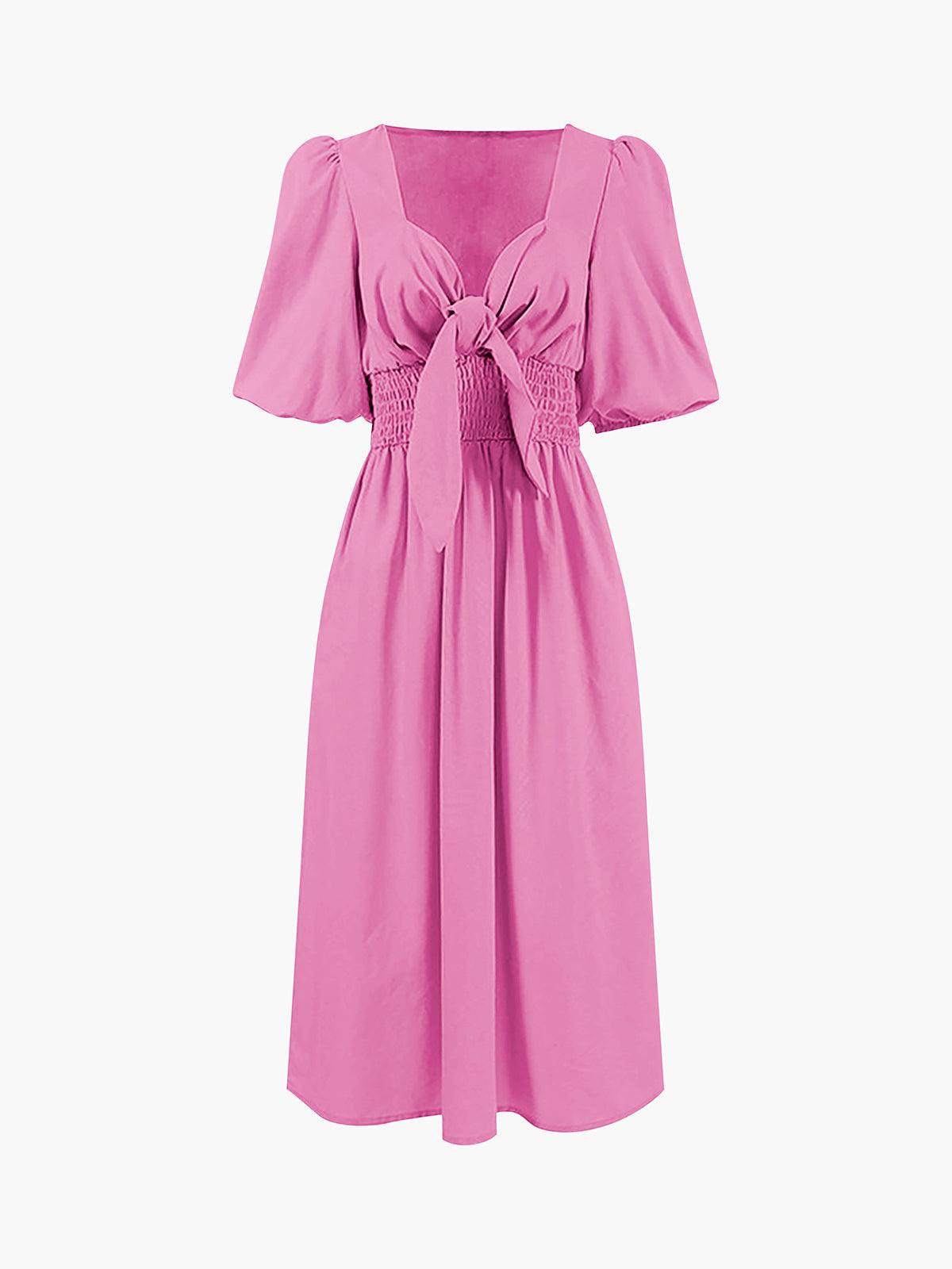 Linen Cotton Front Tie Midi Dress Pink