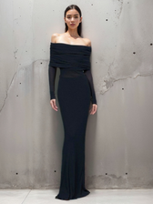 Overfold Off-Shoulder Mesh Long Sleeve Long Dress 3