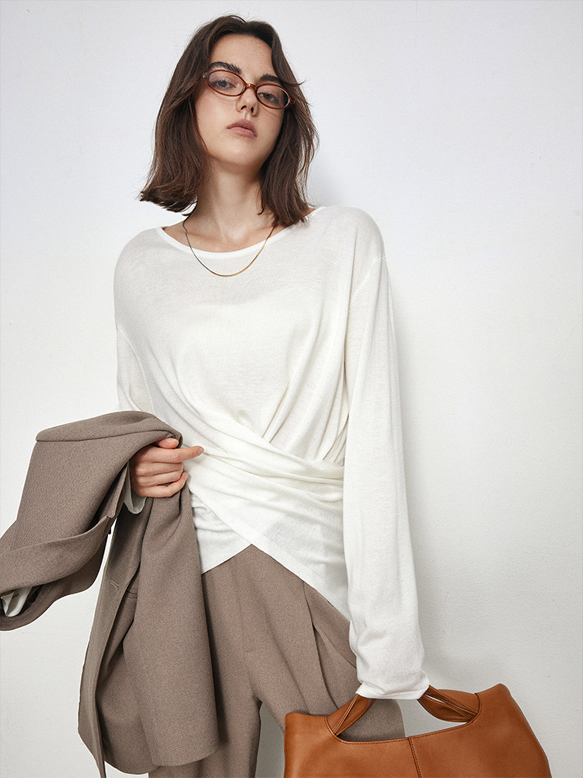 Round Neck Long Sleeve Cross Wrap Front Knit Top