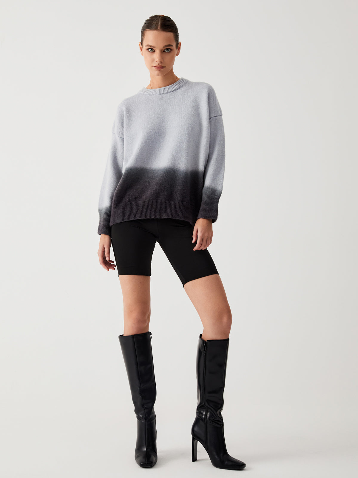 Ombre Crew Neck Drop Shoulder Oversized Fuzzy Knit Sweater 4