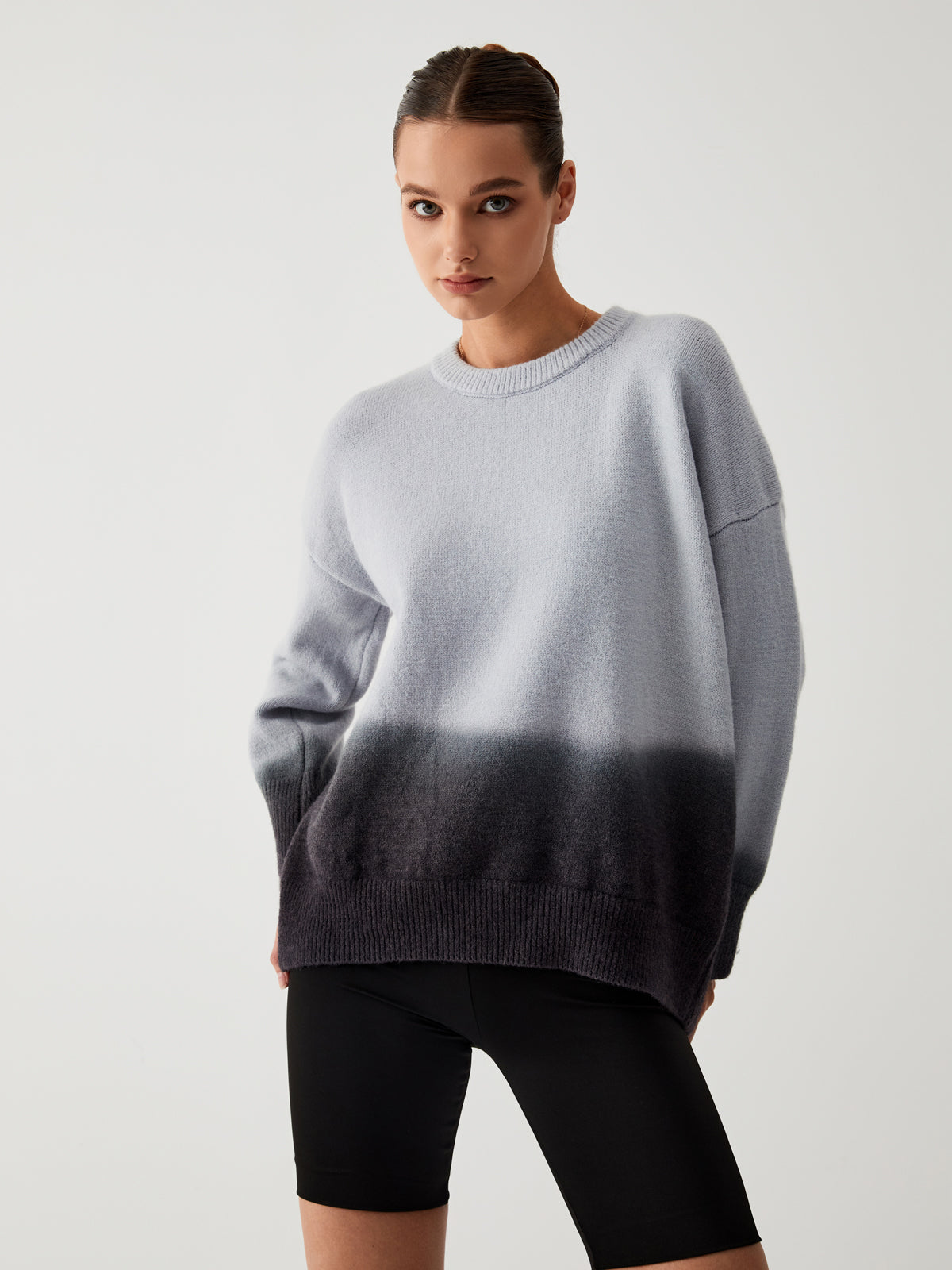 Ombre Crew Neck Drop Shoulder Oversized Fuzzy Knit Sweater
