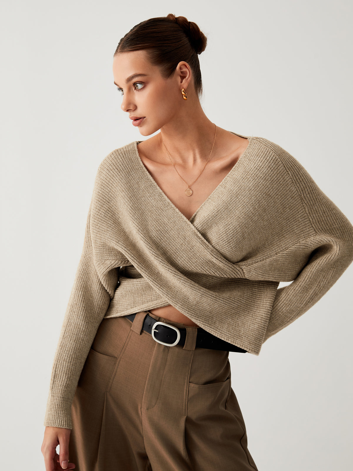 V-Neck Cross Wrap Front Long Sleeve Ribbed Knit Cropped Sweater 17