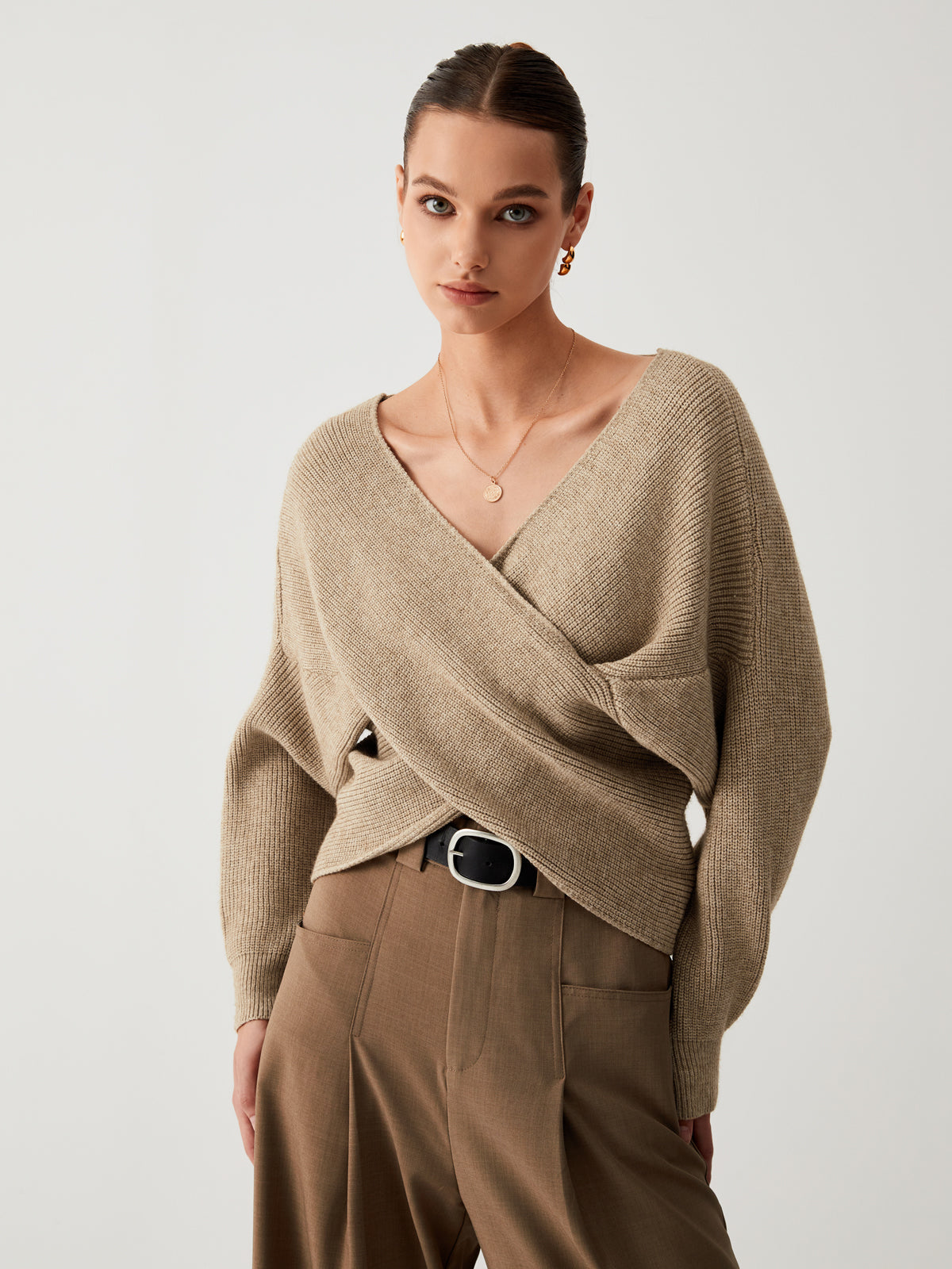V-Neck Cross Wrap Front Long Sleeve Ribbed Knit Cropped Sweater