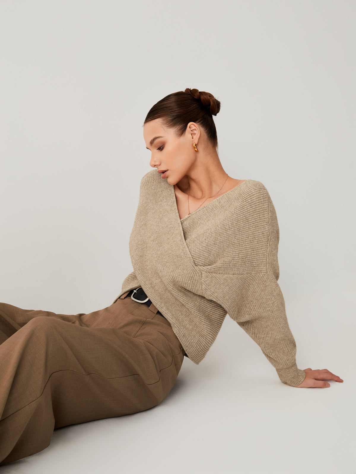 V-Neck Cross Wrap Front Long Sleeve Ribbed Knit Cropped Sweater 29
