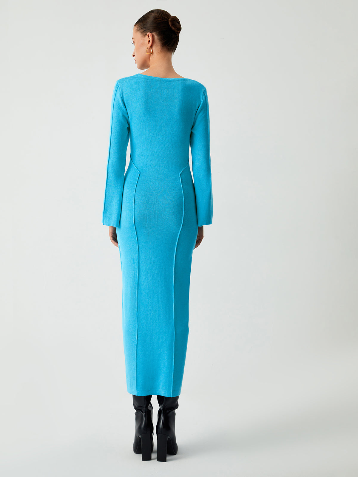 Round Neck Split Long Sleeve Seam Detail Knit Maxi Sweater Dress 6