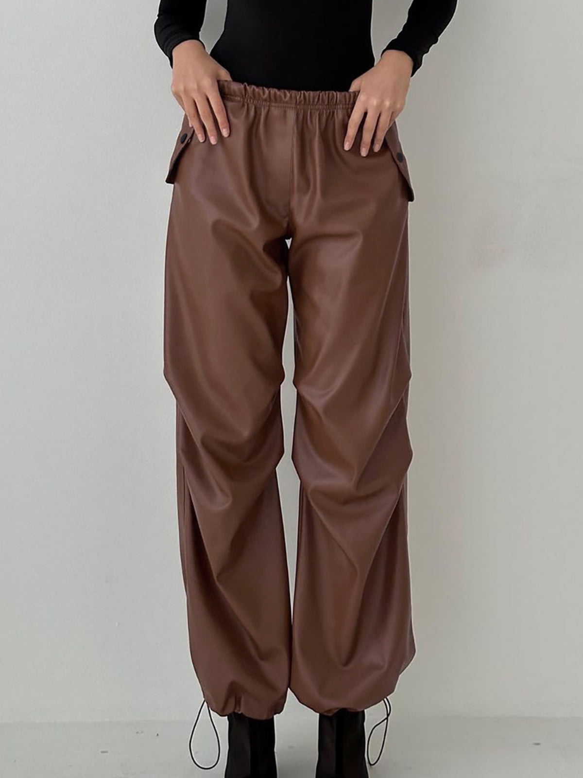 Faux Leather Elastic Waist Toggle Hem Parachute Pants 2