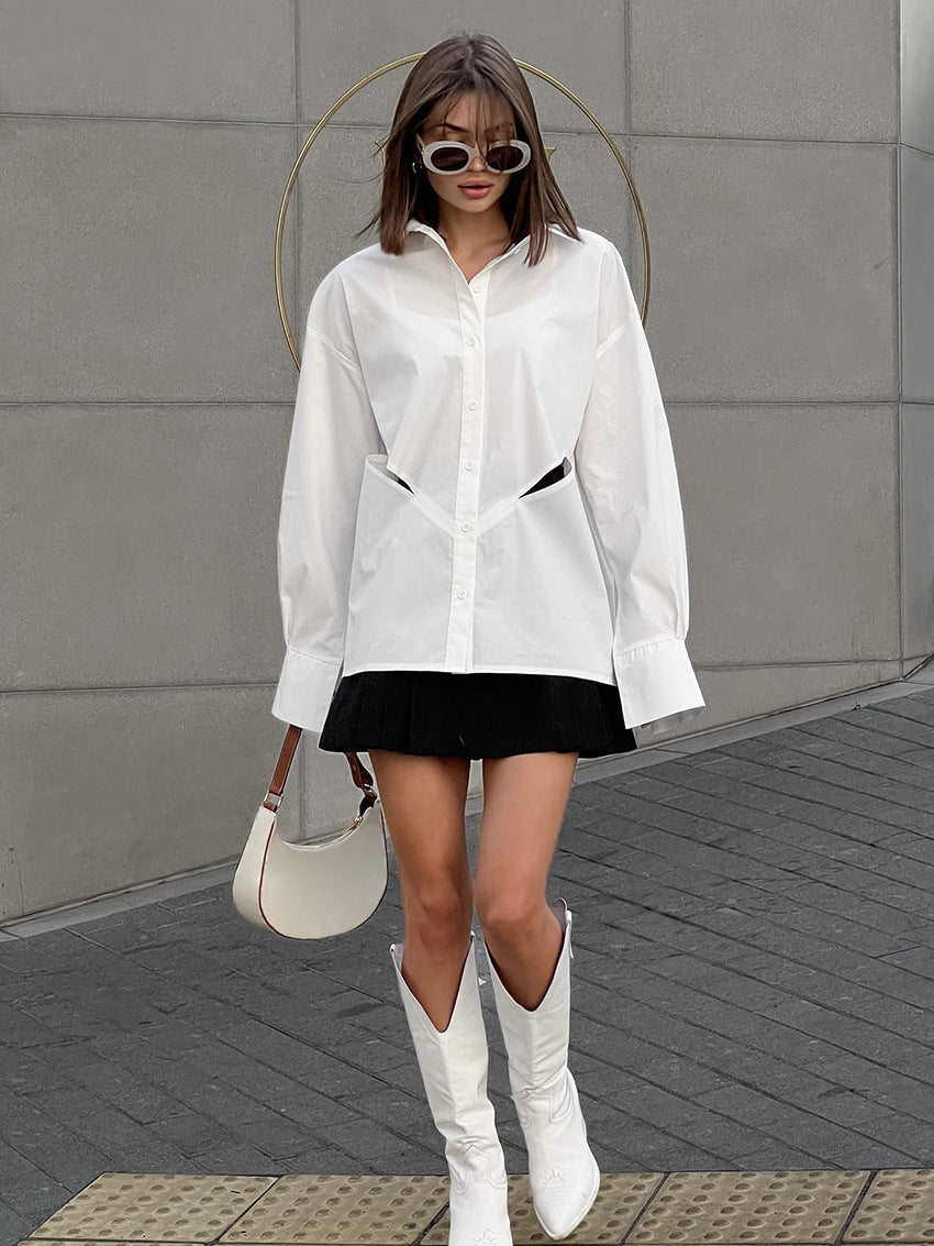 Waist Cut Out Long Sleeve Oversized Button Down Shirt