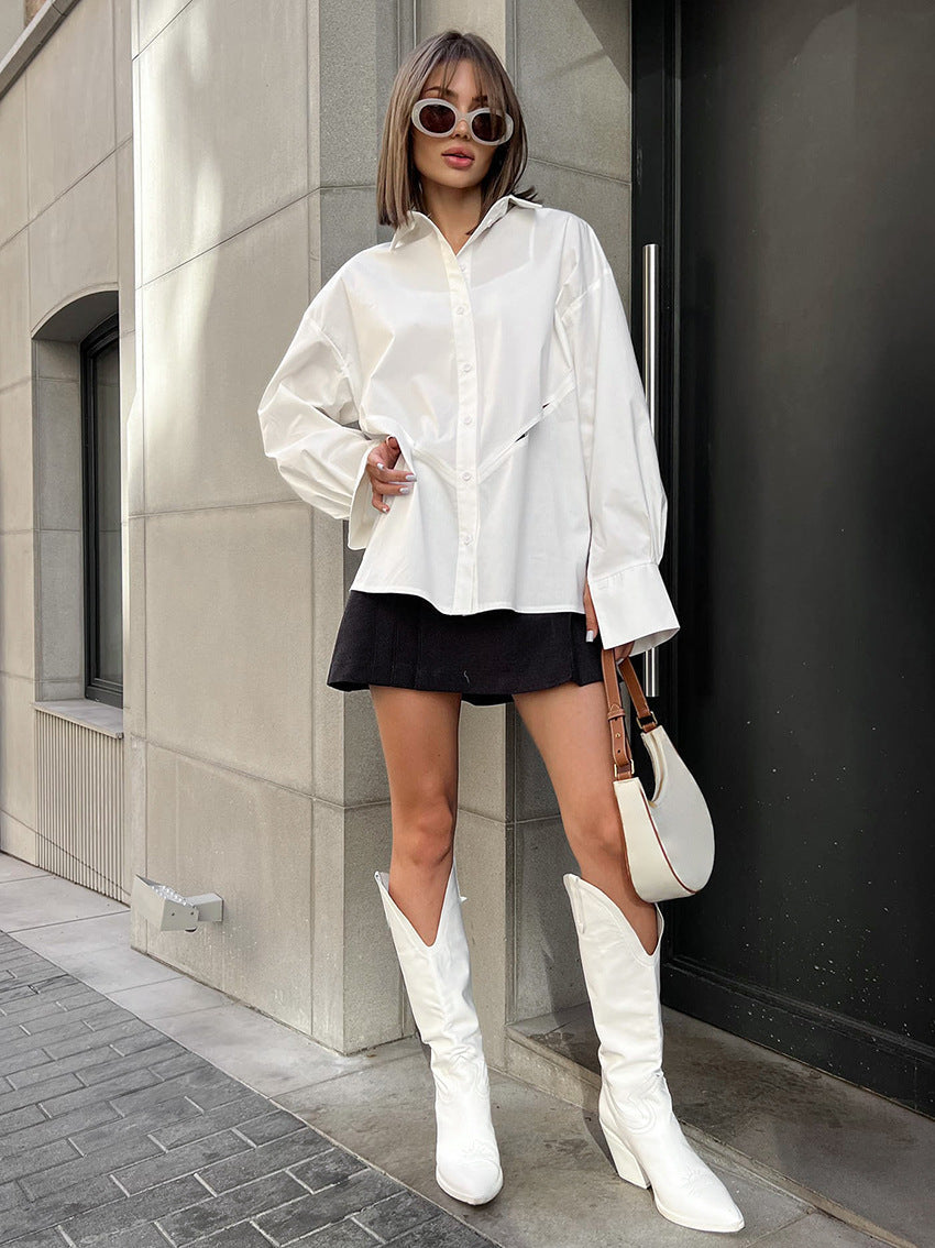 Waist Cut Out Long Sleeve Oversized Button Down Shirt 2