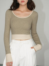 Contrast Hem Long Trendy Sleeve Crop Knit Top - Apricot / S - Sweaters-L
