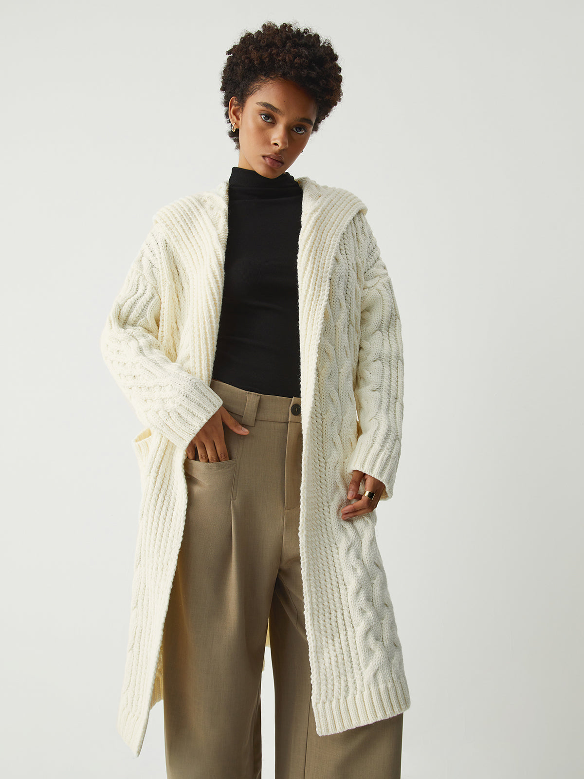 Hooded Cable Knit Open Front Long Sleeve Longline Cardigan