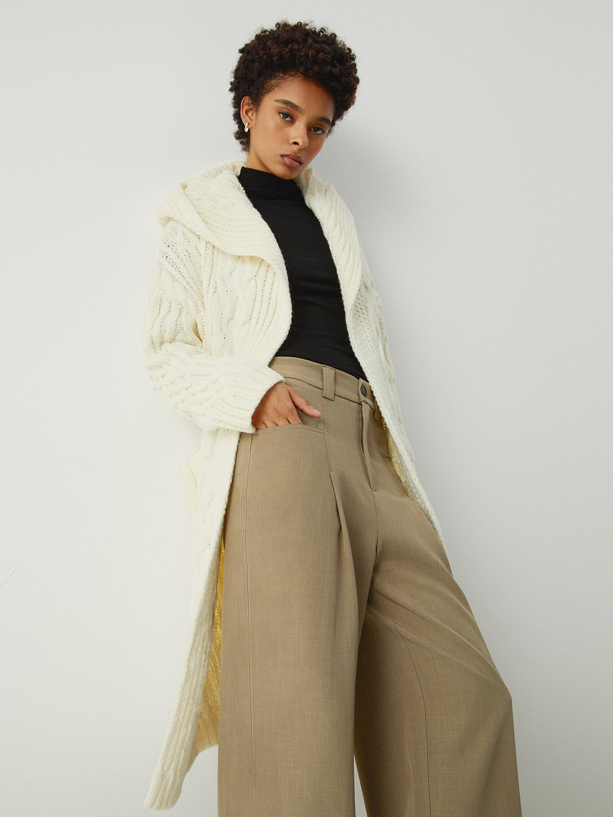Hooded Cable Knit Open Front Long Sleeve Longline Cardigan 6