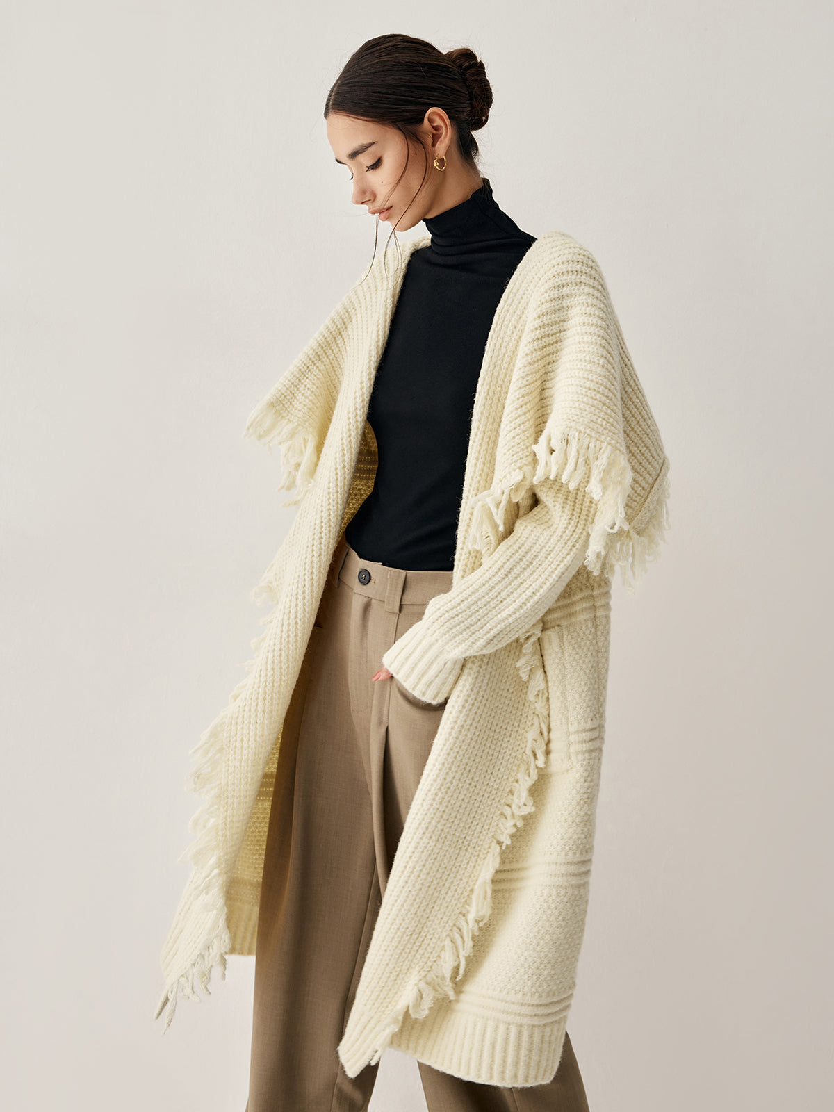 Chunky Knit Fringe Trim Open Front Longline Poncho Cardigan 2