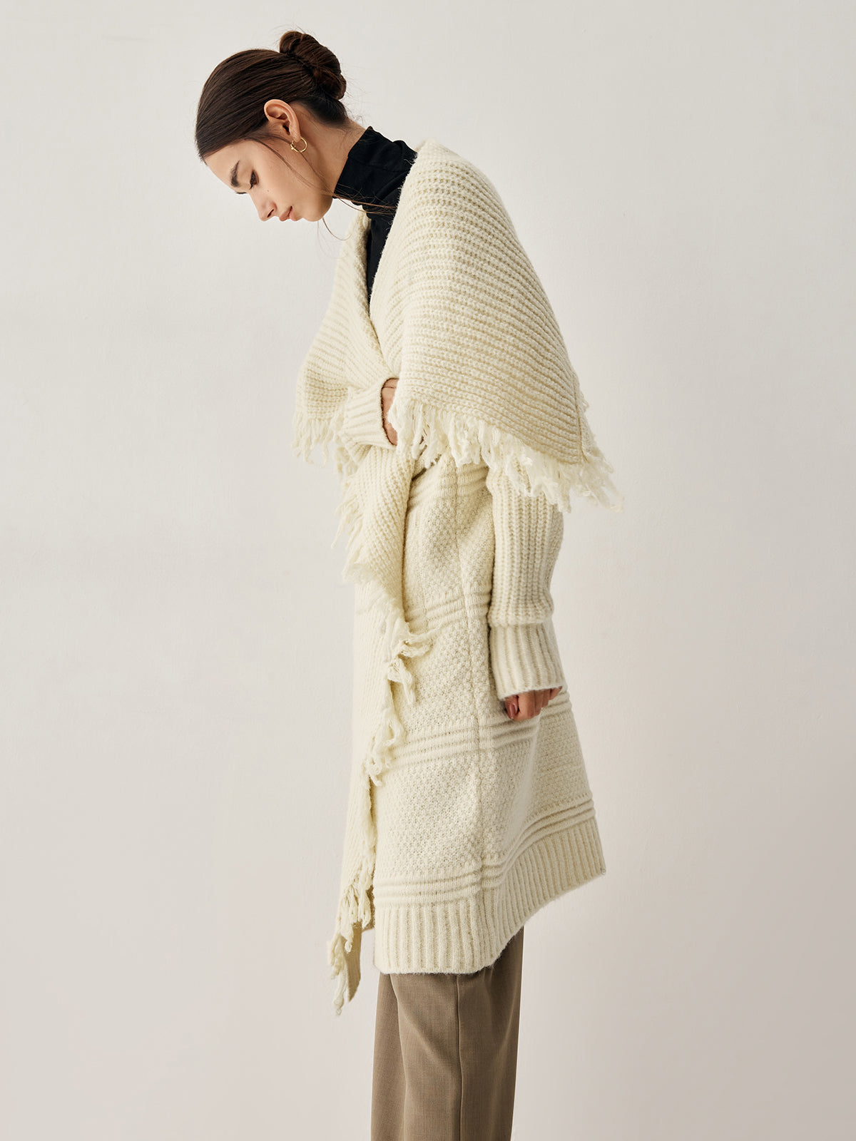 Chunky Knit Fringe Trim Open Front Longline Poncho Cardigan 4