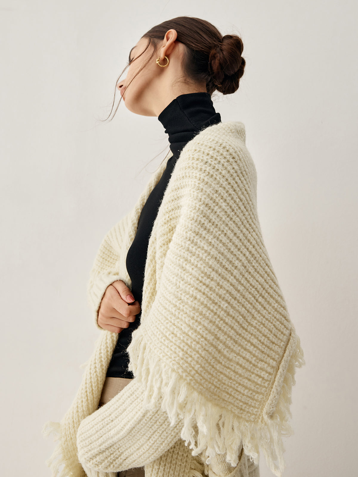 Chunky Knit Fringe Trim Open Front Longline Poncho Cardigan 5