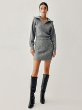 Cable Knit Open Collar Modern Cardigan WIth Matching Skirt