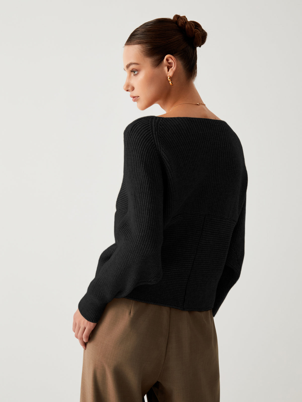 V-Neck Cross Wrap Front Long Sleeve Ribbed Knit Cropped Sweater 23